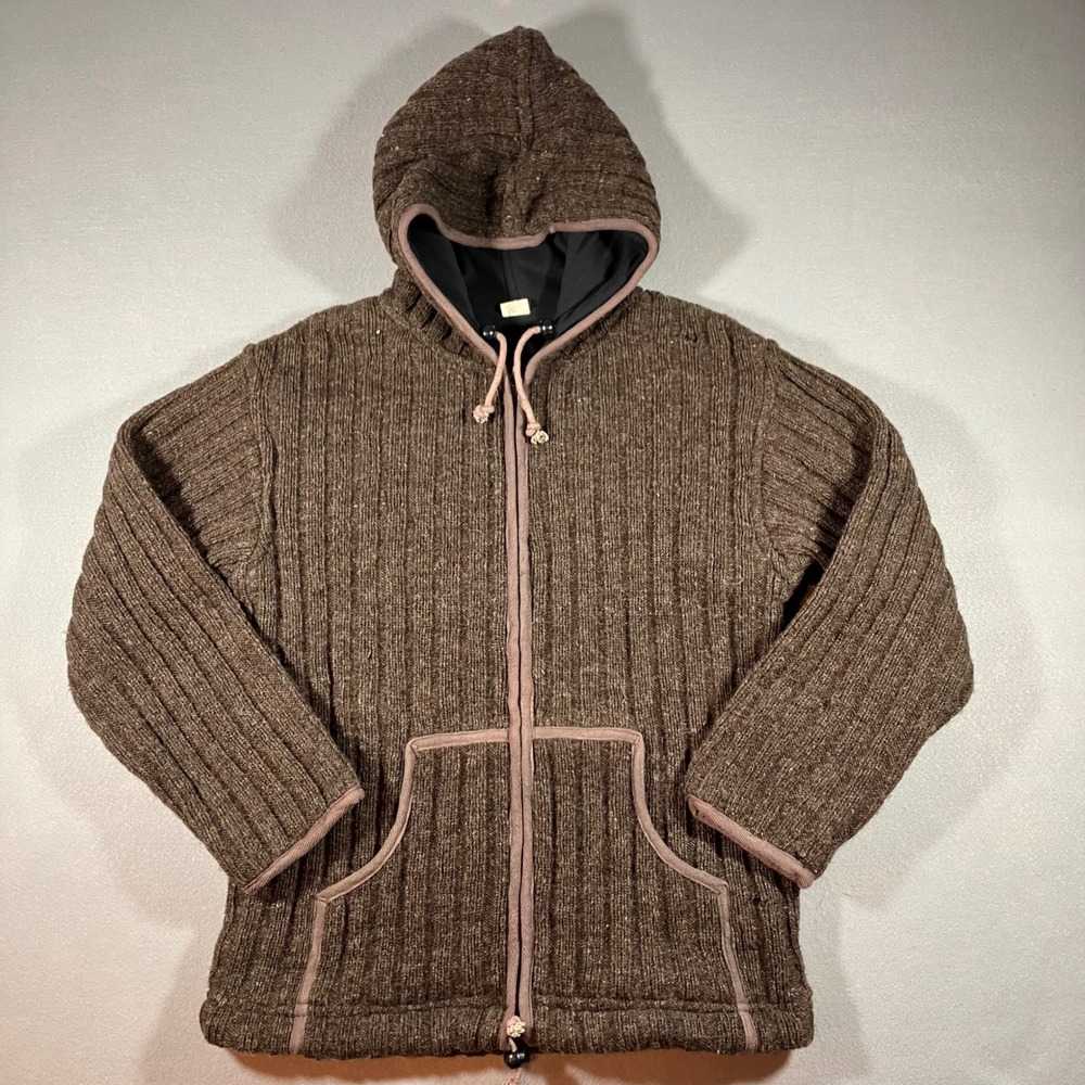 Nepal Womens Small 100% Wool Ribbed Knit Fleece Lined Zip Up Hoodie Jacket Brown